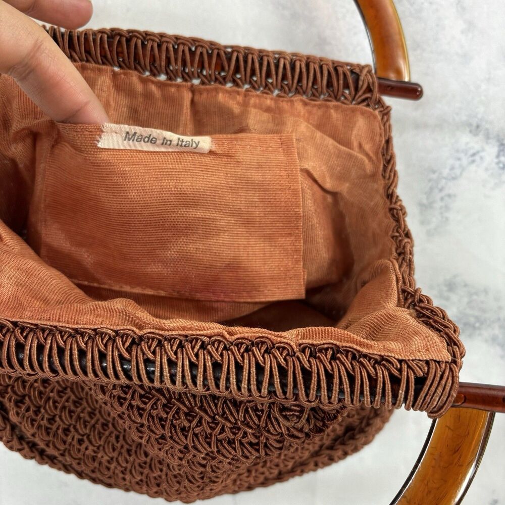 Vintage 60s Macrame Handbag Purse Lucite Handles Made In Italy Retro Hippy chic - Picture 2 of 16